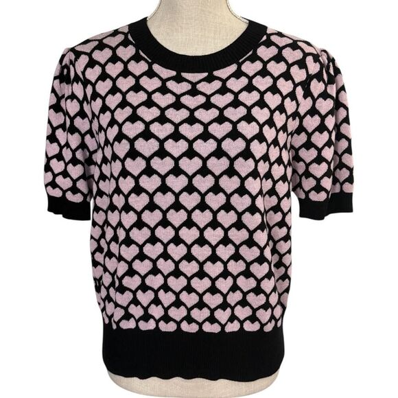 Women's XL (Fits Medium) Pink Hearts on Black Sweater - Picture 1 of 6